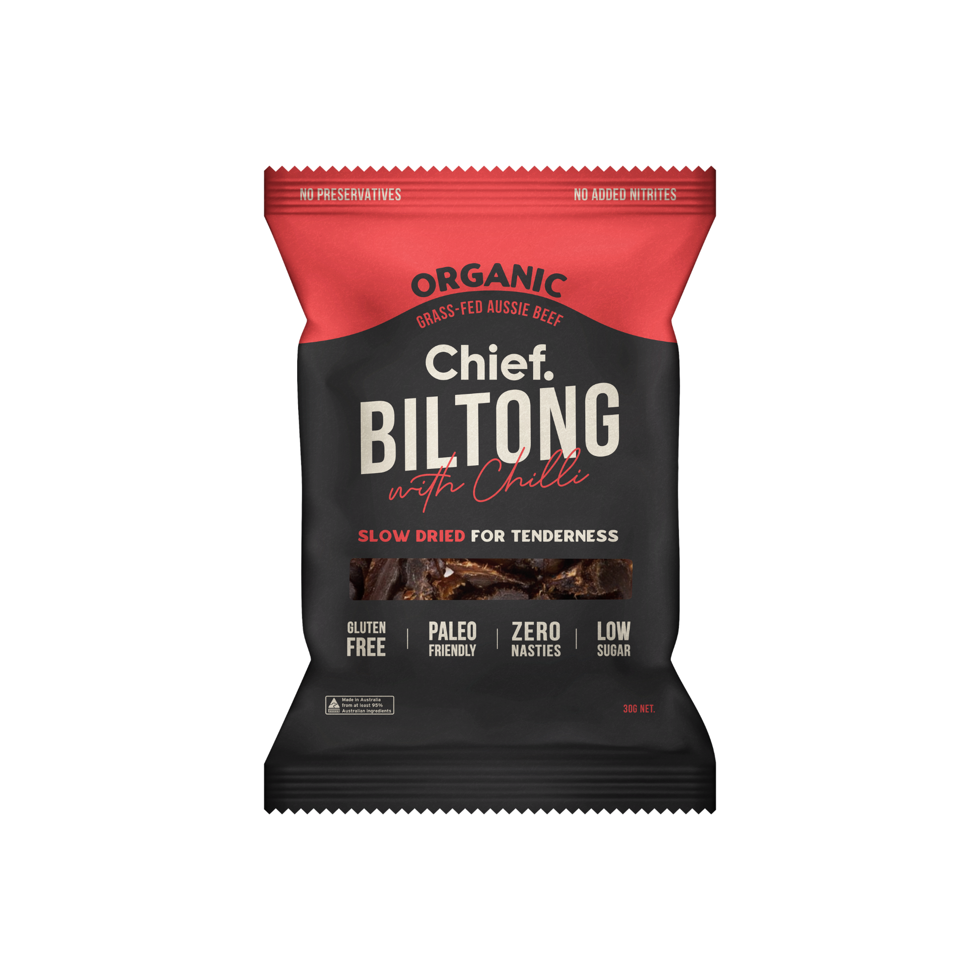 CHIEF ORGANIC GRASS-FED BILTONG 30g - CHILLI & BEEF