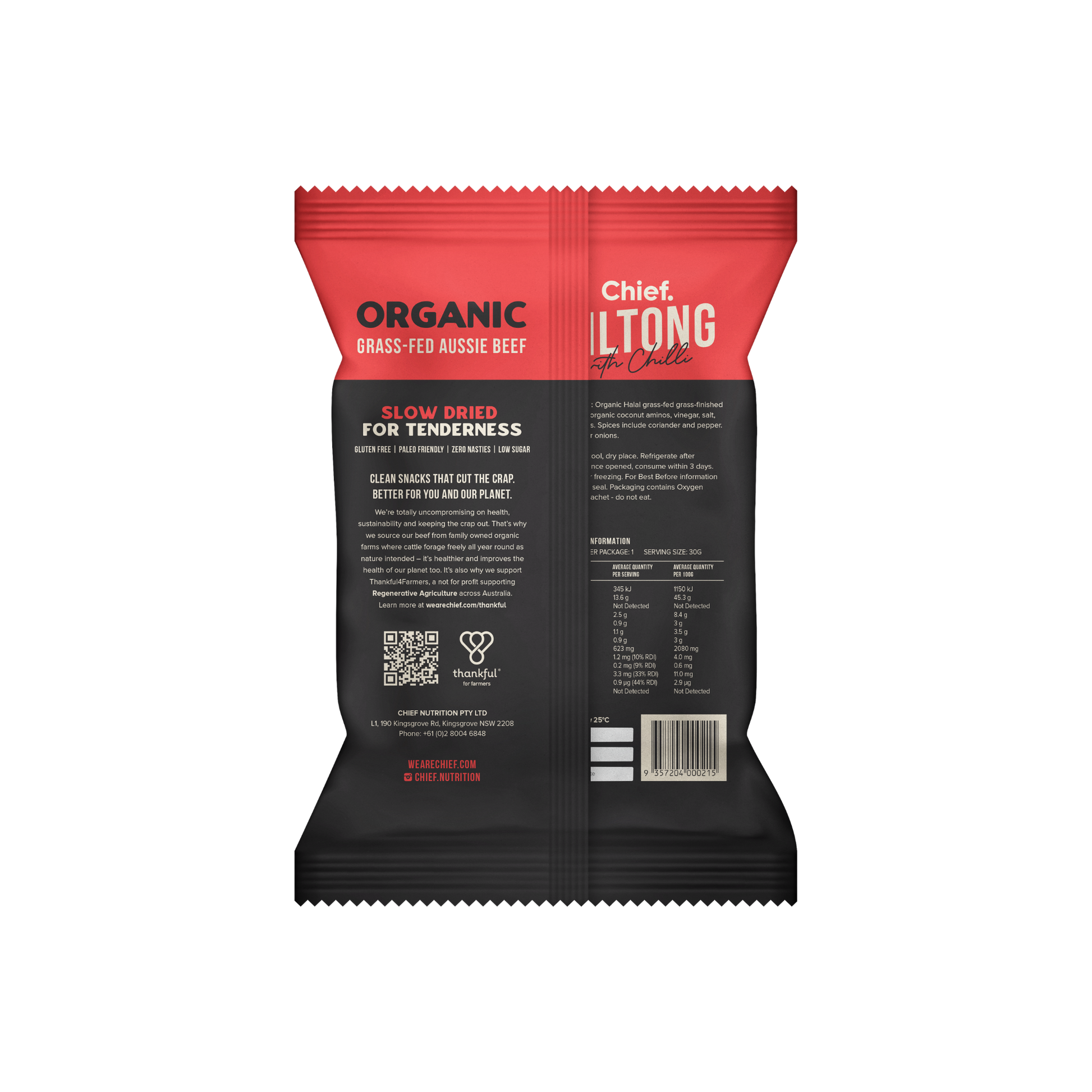 CHIEF ORGANIC GRASS-FED BILTONG 30g - CHILLI & BEEF