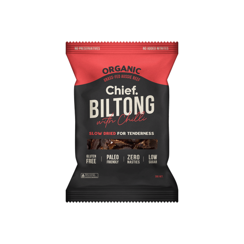 CHIEF ORGANIC GRASS-FED BILTONG 30g - CHILLI & BEEF  (12 bars)