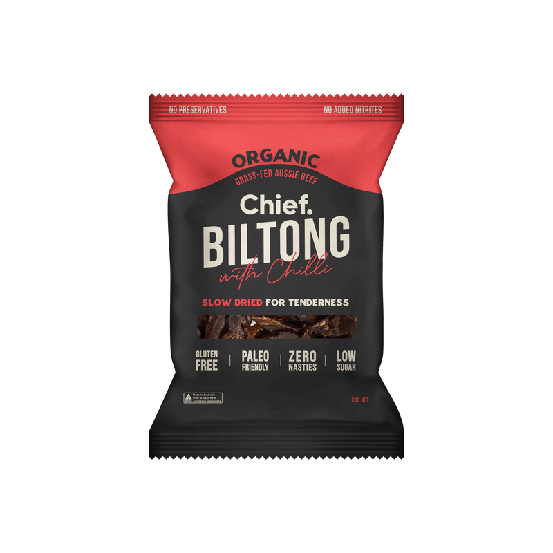 Load image into Gallery viewer, CHIEF ORGANIC GRASS-FED BILTONG 30g - CHILLI &amp; BEEF  (12 bars)
