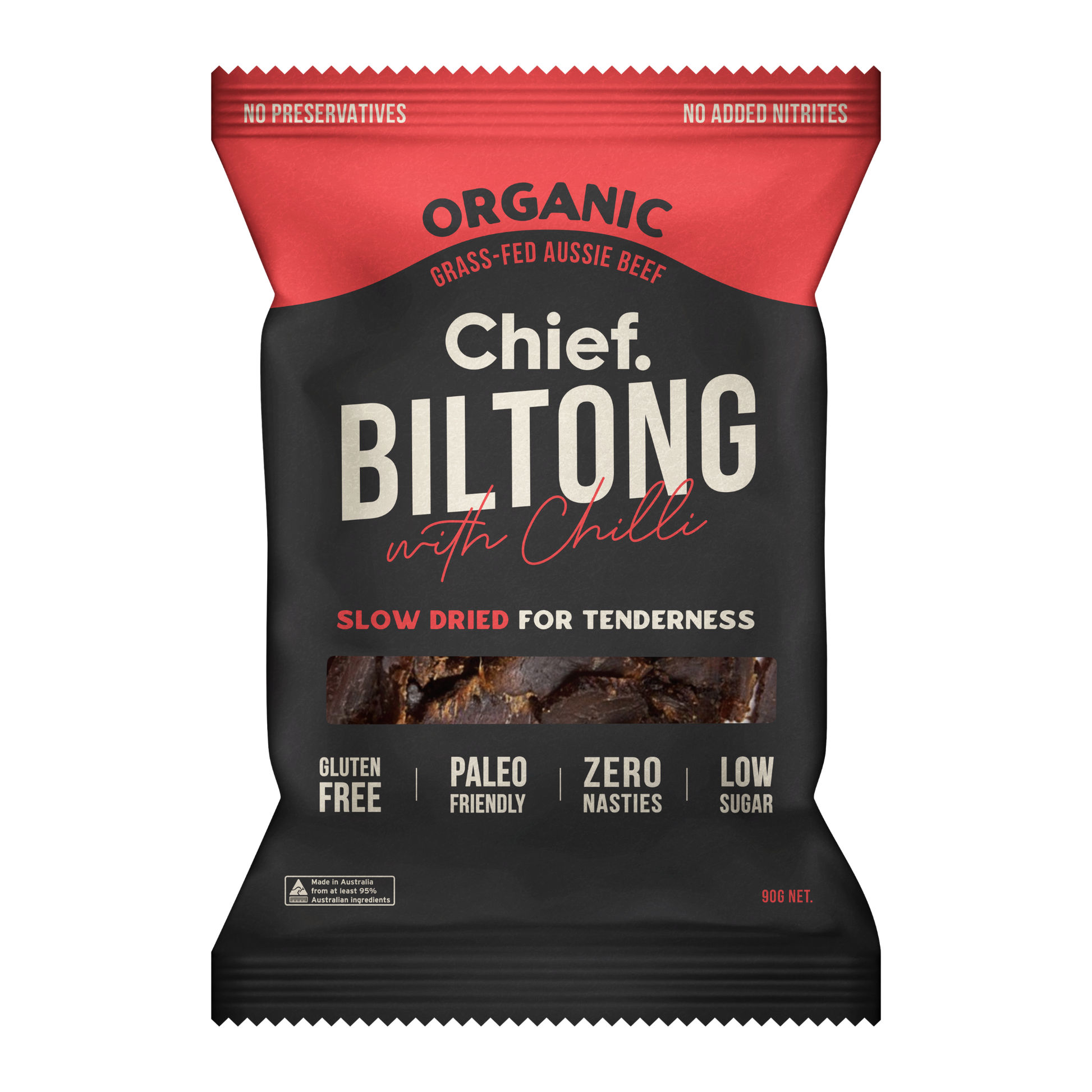 CHIEF ORGANIC GRASS-FED BILTONG 90g - CHILLI & BEEF