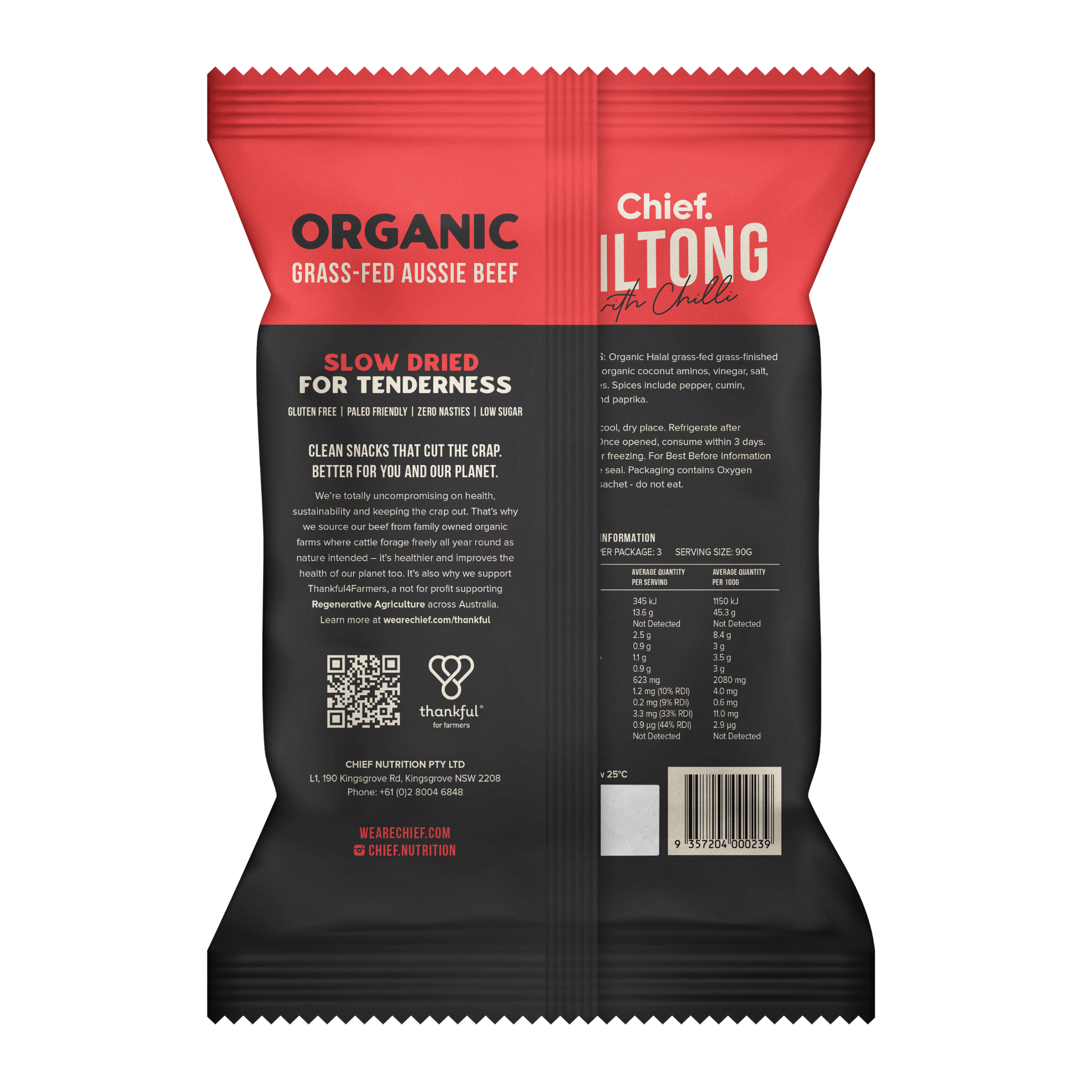 CHIEF ORGANIC GRASS-FED BILTONG 90g - CHILLI & BEEF