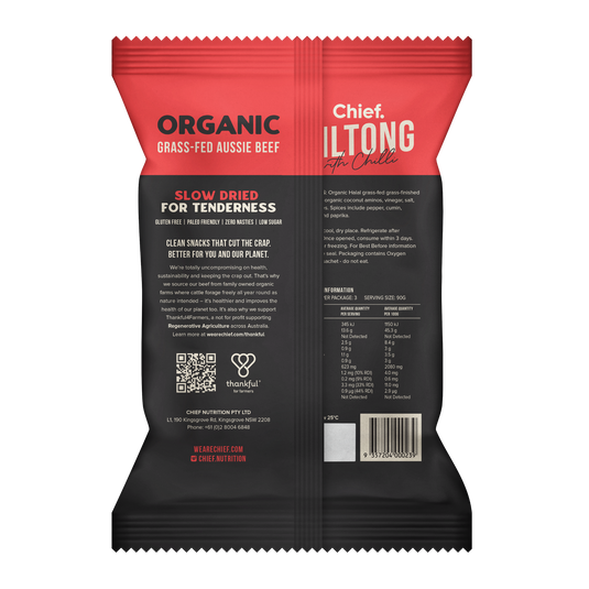 CHIEF ORGANIC GRASS-FED BILTONG 90g - CHILLI & BEEF  (12 bars)