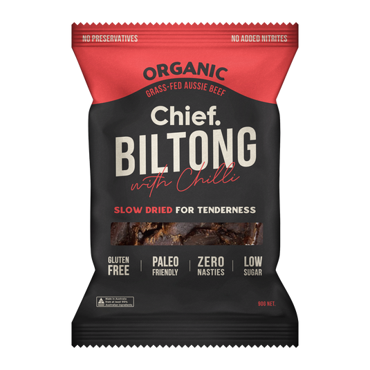 CHIEF ORGANIC GRASS-FED BILTONG 90g - CHILLI & BEEF  (12 bars)