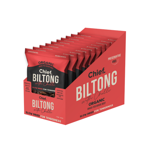 CHIEF ORGANIC GRASS-FED BILTONG 30g - CHILLI & BEEF  (12 bars)