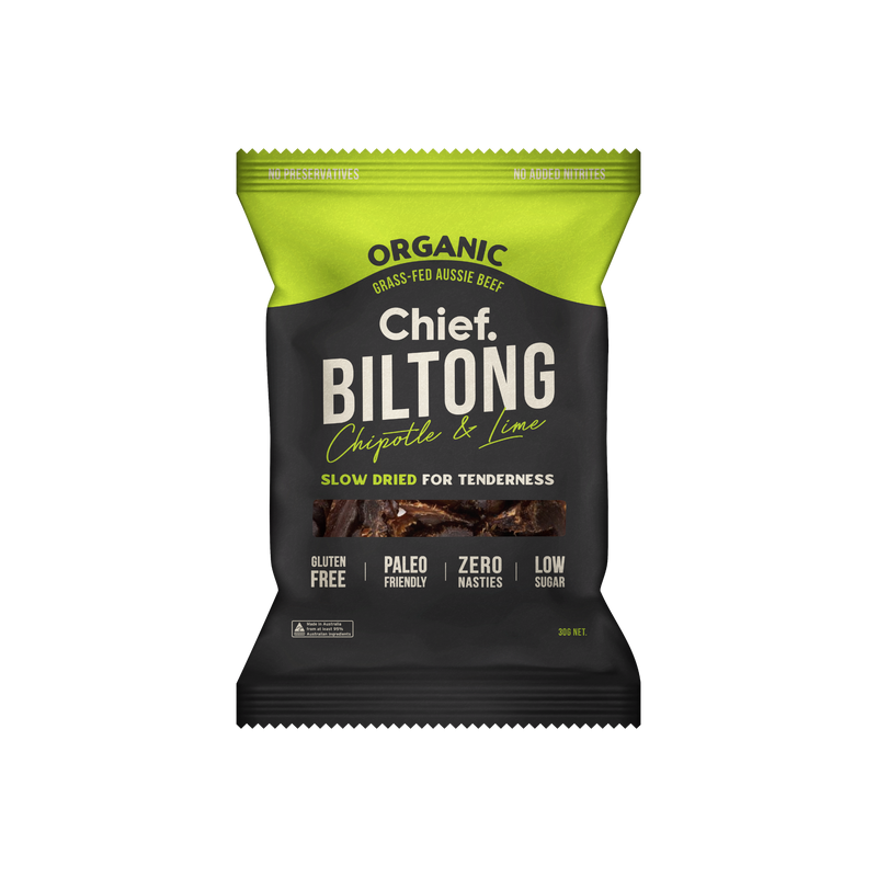 Load image into Gallery viewer, CHIEF ORGANIC GRASS-FED BILTONG 30g - CHIPOTLE &amp; LIME  (12 bars)
