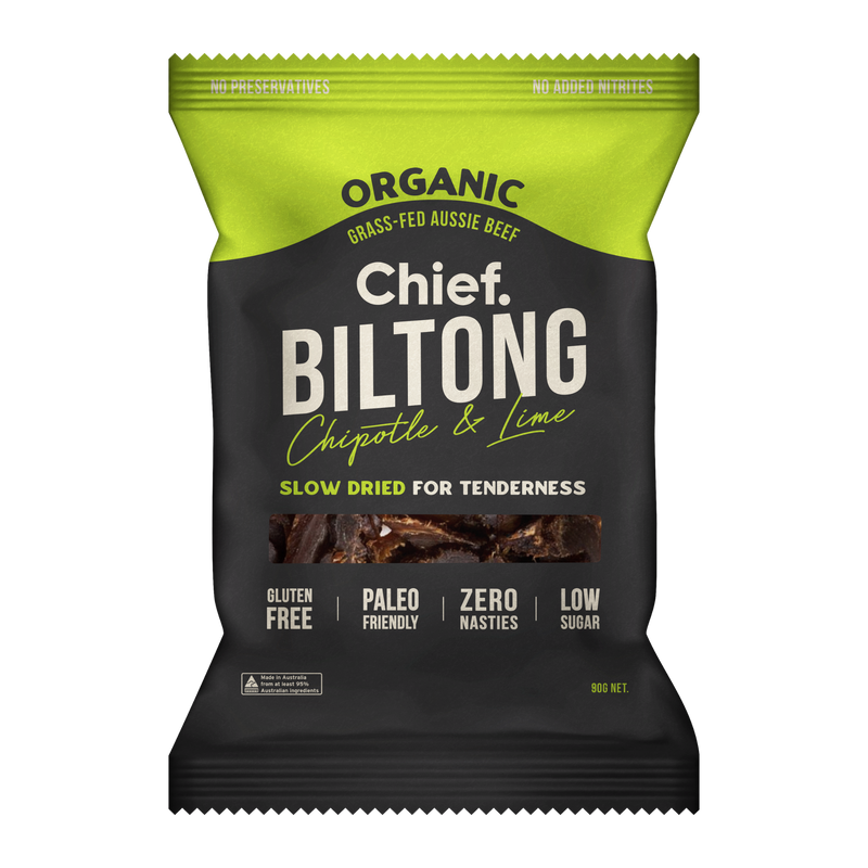 Load image into Gallery viewer, CHIEF ORGANIC GRASS-FED BILTONG 90g - CHIPOTLE &amp; LIME  (12 bars)
