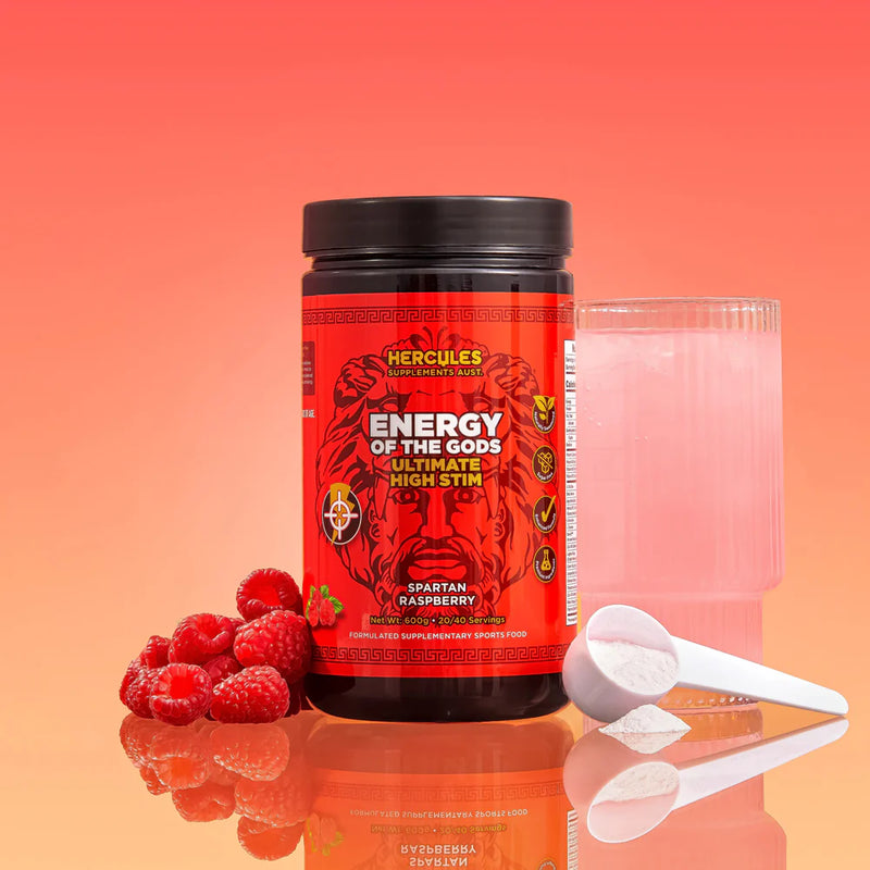 Load image into Gallery viewer, HERCULES Energy of The Gods-Ultimate High Stim Pre Workout - Spartan Raspberry (40 serves)
