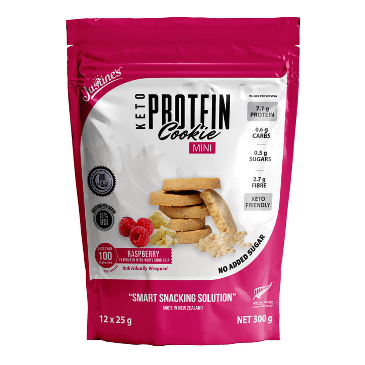 Load image into Gallery viewer, Justine&#39;s Mini Protein Cookie Raspberry White Choc Chip (12x25g) 300g
