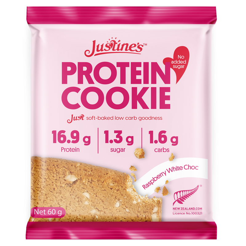 Load image into Gallery viewer, Justine&#39;s Protein Cookie Raspberry White Choc Chip 60g
