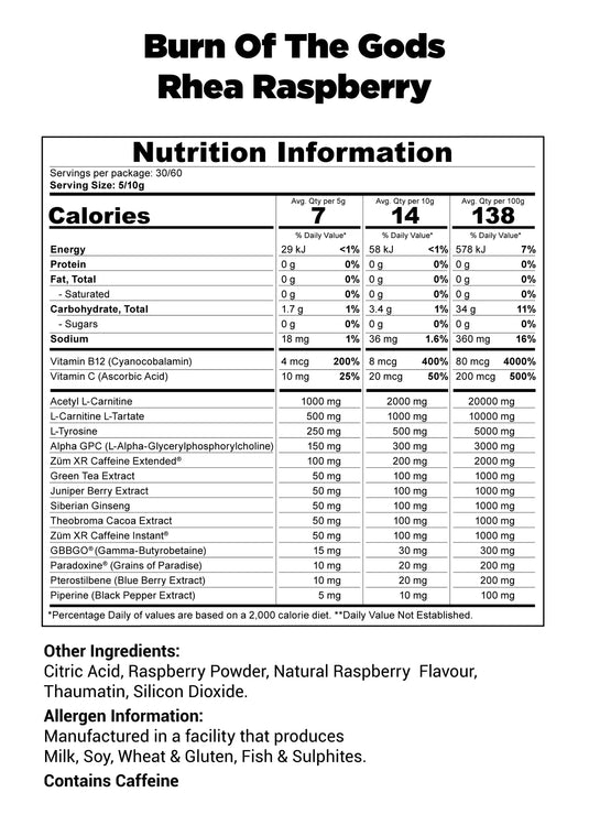 HERCULES Burn of the Gods Fat Burner - Rhea Raspberry (60 serves)