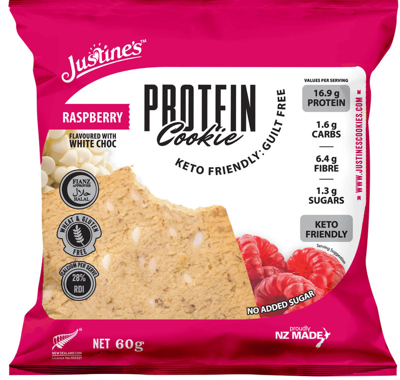 Load image into Gallery viewer, Justine&#39;s Protein Cookie Raspberry White Choc Chip 60g
