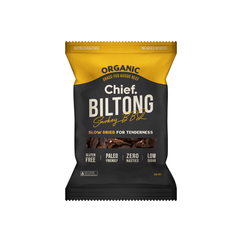 CHIEF ORGANIC GRASS-FED BILTONG 30g - SMOKEY BBQ  (12 bars)