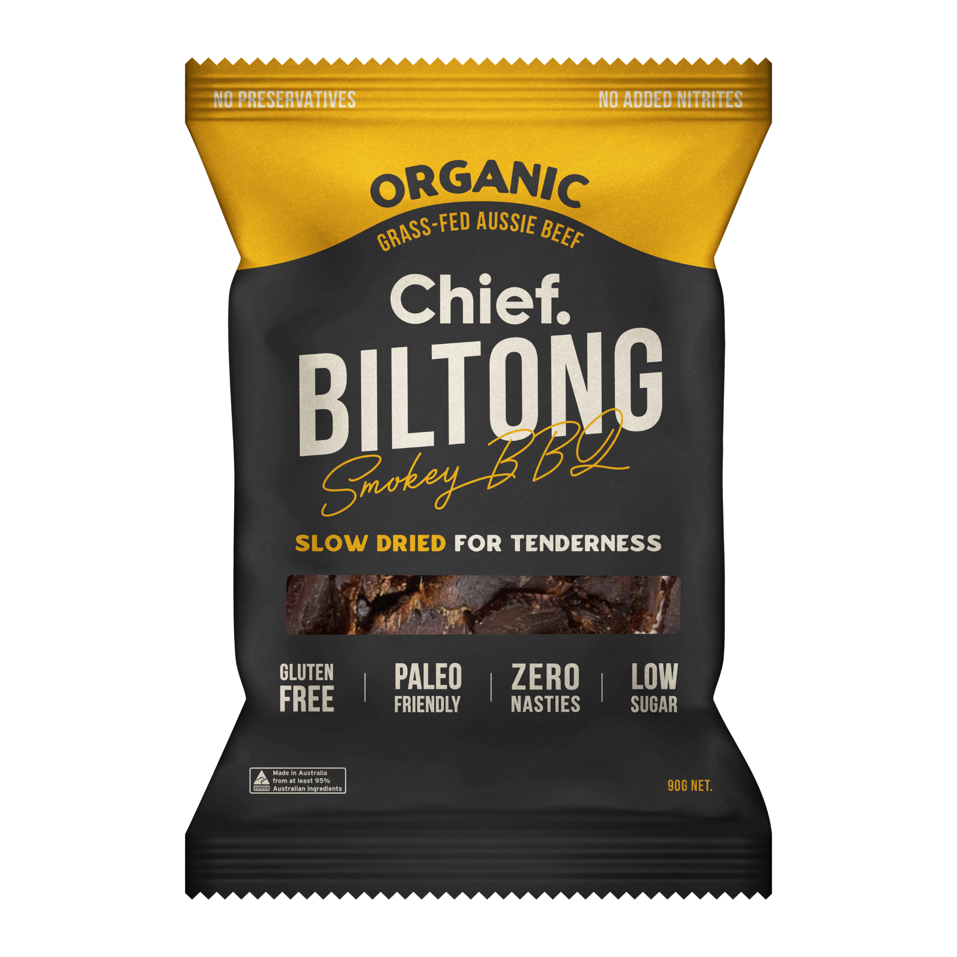 CHIEF ORGANIC GRASS-FED BILTONG 90g - SMOKEY BBQ