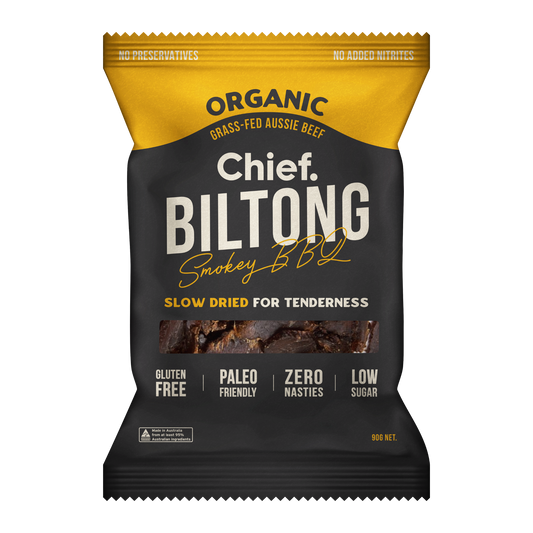 CHIEF ORGANIC GRASS-FED BILTONG 90g - SMOKEY BBQ