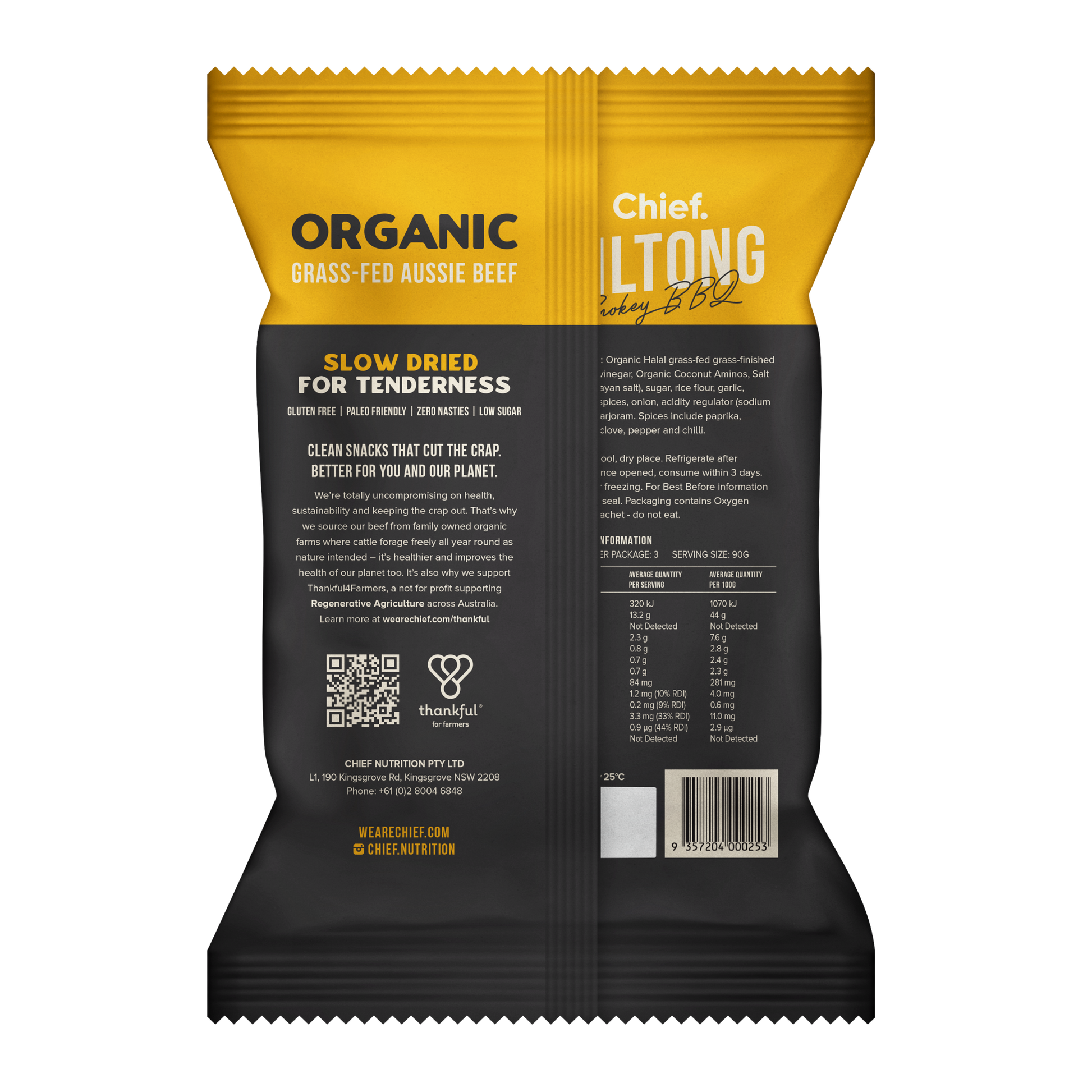 CHIEF ORGANIC GRASS-FED BILTONG 90g - SMOKEY BBQ