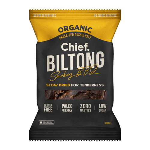 CHIEF ORGANIC GRASS-FED BILTONG 90g - SMOKEY BBQ  (12 bars)