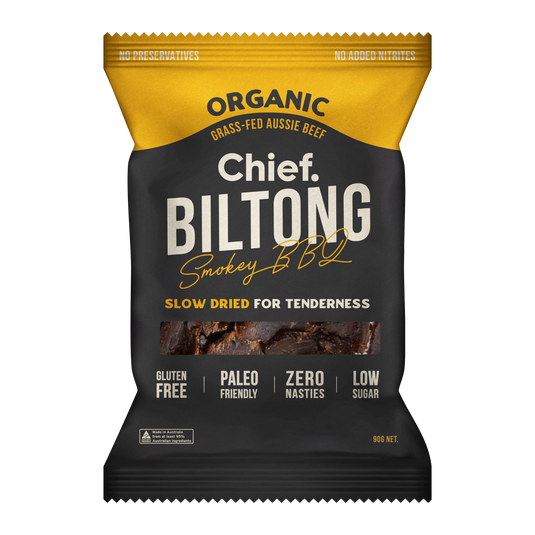 CHIEF ORGANIC GRASS-FED BILTONG 90g - SMOKEY BBQ  (12 bars)