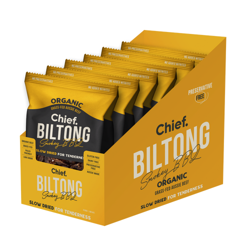 CHIEF ORGANIC GRASS-FED BILTONG 90g - SMOKEY BBQ  (6 bars)