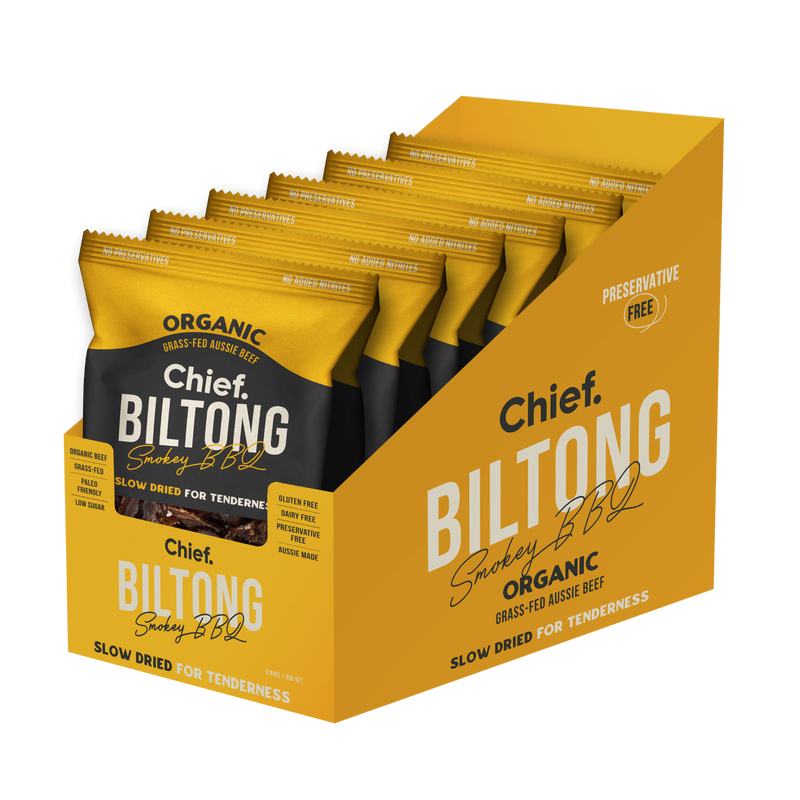 Load image into Gallery viewer, CHIEF ORGANIC GRASS-FED BILTONG 90g - SMOKEY BBQ  (12 bars)
