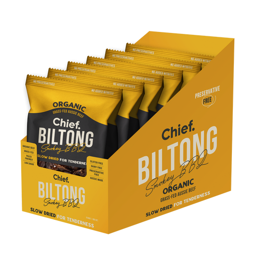 CHIEF ORGANIC GRASS-FED BILTONG 90g - SMOKEY BBQ  (12 bars)