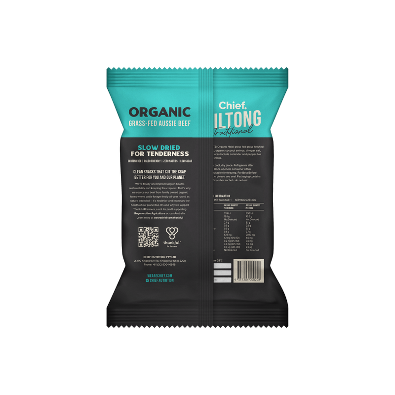 Load image into Gallery viewer, CHIEF ORGANIC GRASS-FED BILTONG 30g - TRADITIONAL  (12 bars)
