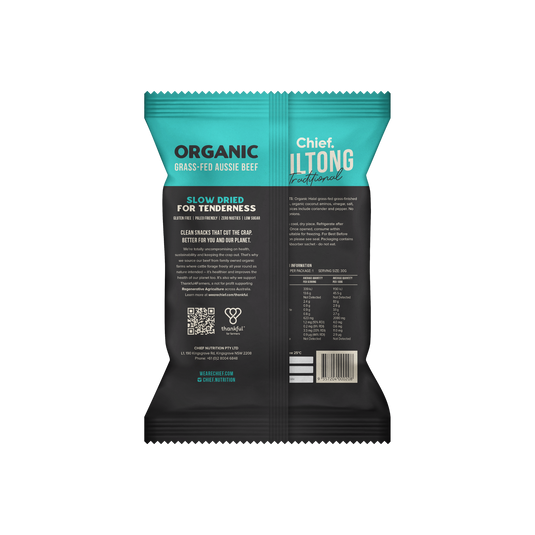 CHIEF ORGANIC GRASS-FED BILTONG 30g - TRADITIONAL  (12 bars)