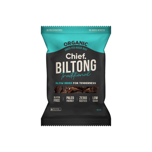 CHIEF ORGANIC GRASS-FED BILTONG 30g - TRADITIONAL  (12 bars)