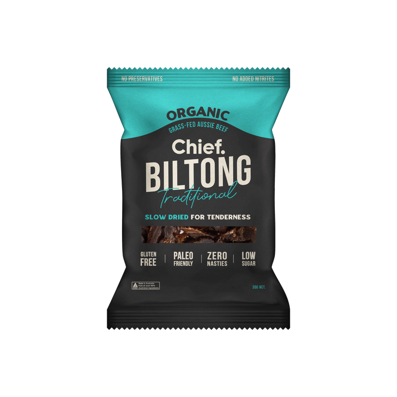 Load image into Gallery viewer, CHIEF ORGANIC GRASS-FED BILTONG 30g - TRADITIONAL  (12 bars)
