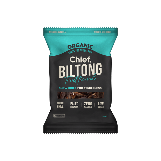 CHIEF ORGANIC GRASS-FED BILTONG 30g - TRADITIONAL  (12 bars)