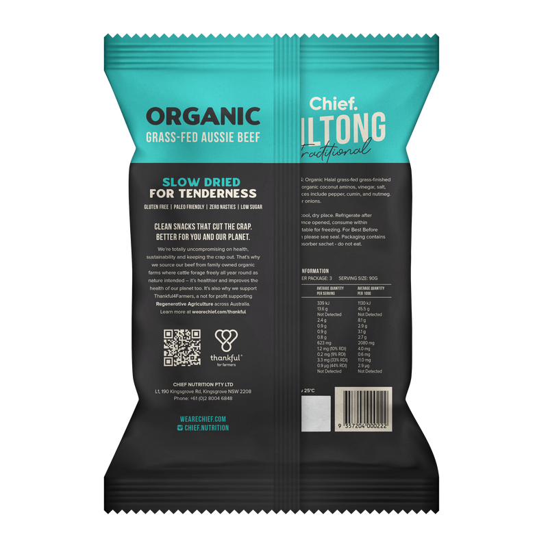 Load image into Gallery viewer, CHIEF ORGANIC GRASS-FED BILTONG 90g - TRADITIONAL  (12 bars)
