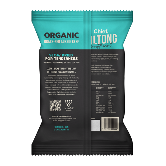 CHIEF ORGANIC GRASS-FED BILTONG 90g - TRADITIONAL  (12 bars)