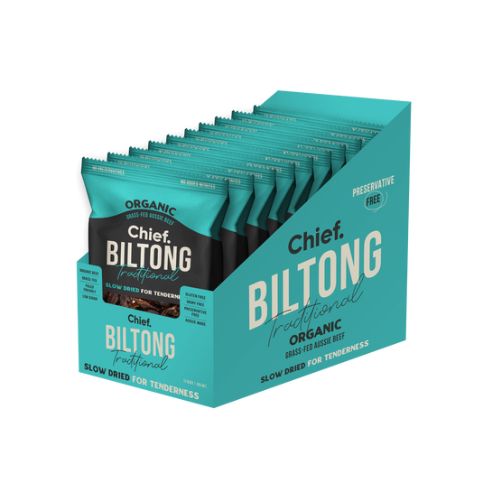 CHIEF ORGANIC GRASS-FED BILTONG 30g - TRADITIONAL  (12 bars)