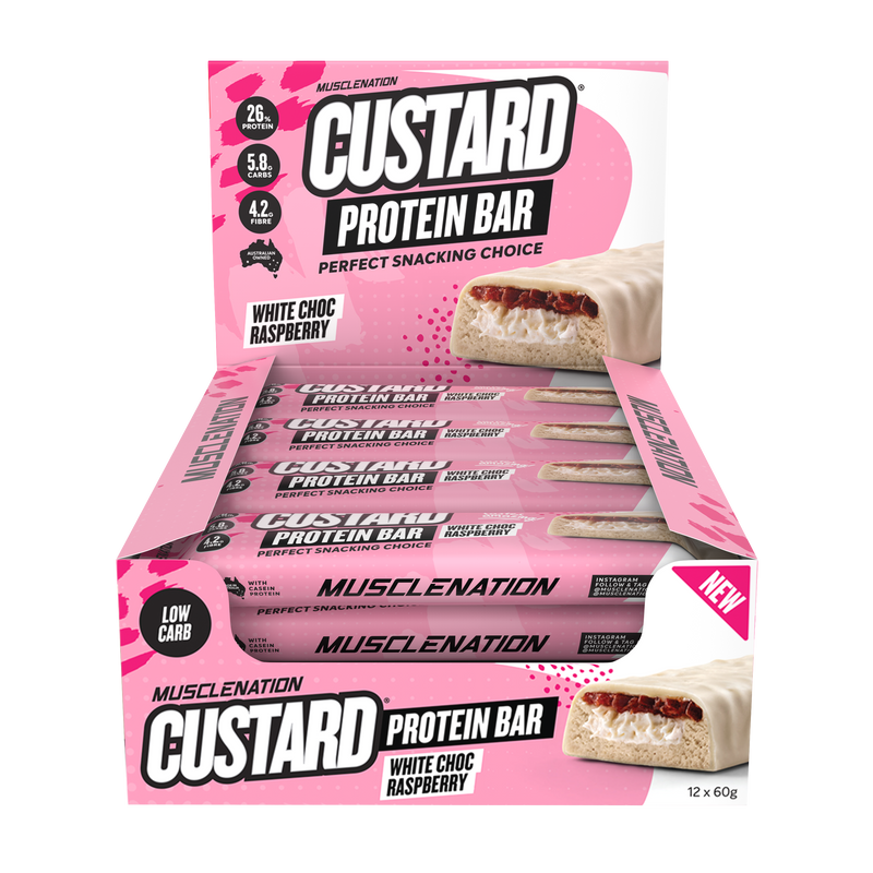 Load image into Gallery viewer, MN CUSTARD PROTEIN BAR - WHITE CHOC RASPBERRY (12 bars)
