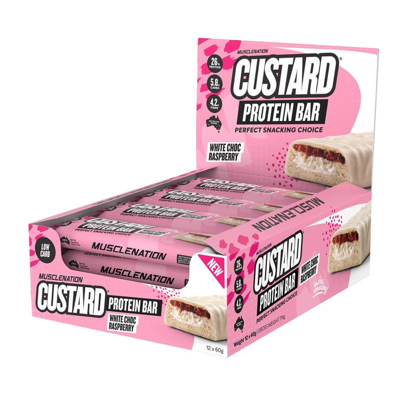 Load image into Gallery viewer, MN CUSTARD PROTEIN BAR - WHITE CHOC RASPBERRY (12 bars)
