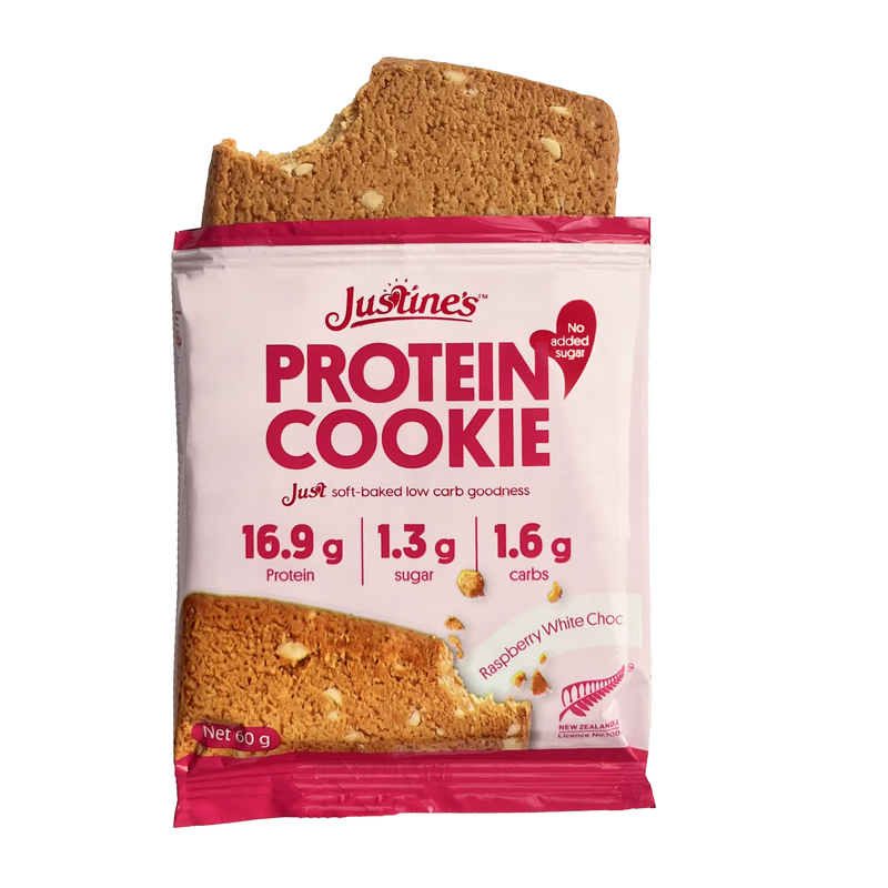 Load image into Gallery viewer, Justine&#39;s Protein Cookie Raspberry White Choc Chip 60g
