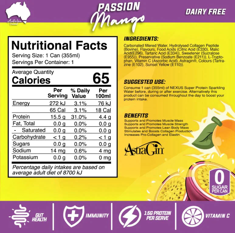 SUPER PROTEIN SPARKLING WATER RTD - PASSION MANGO (12 PACK)
